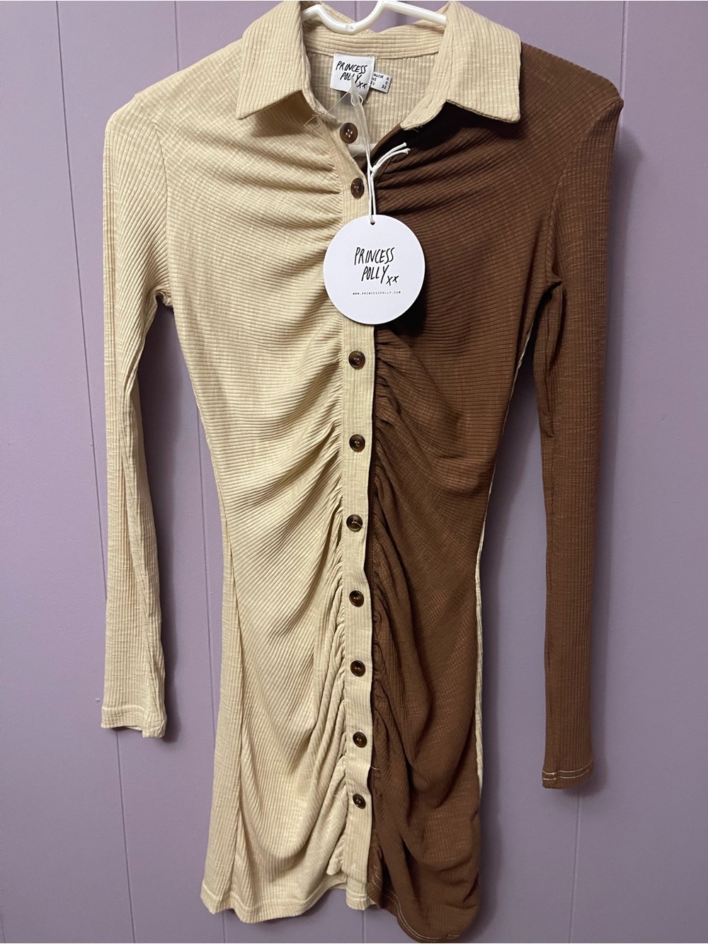 Princess Polly Two-Tone Ruched Button-Front Long Sleeve Dress in Beige and Brown